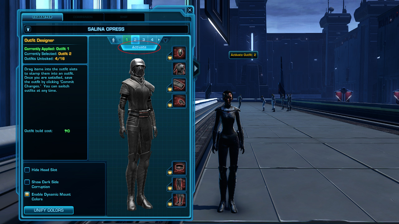 An image of the Outfit Designer tab in the Character Sheet window with the 'Activate' outfit button highlighted.