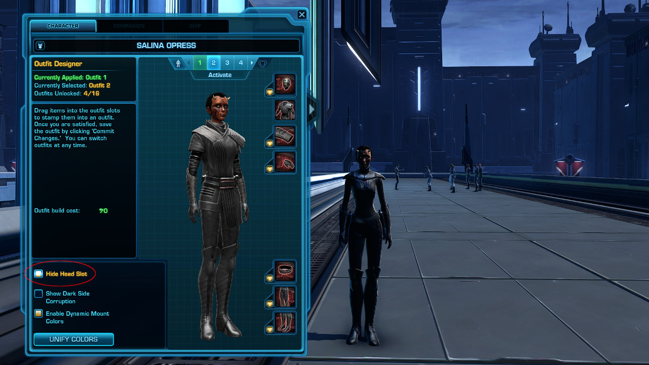 An image of the Outfit Designer tab in the Character Sheet window with the 'Hide Head Slot' toggle button highlighted.