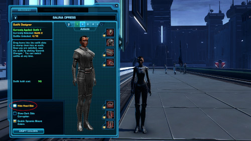 An image of the Outfit Designer tab in the Character Sheet window with the 'Hide Head Slot' toggle button highlighted.